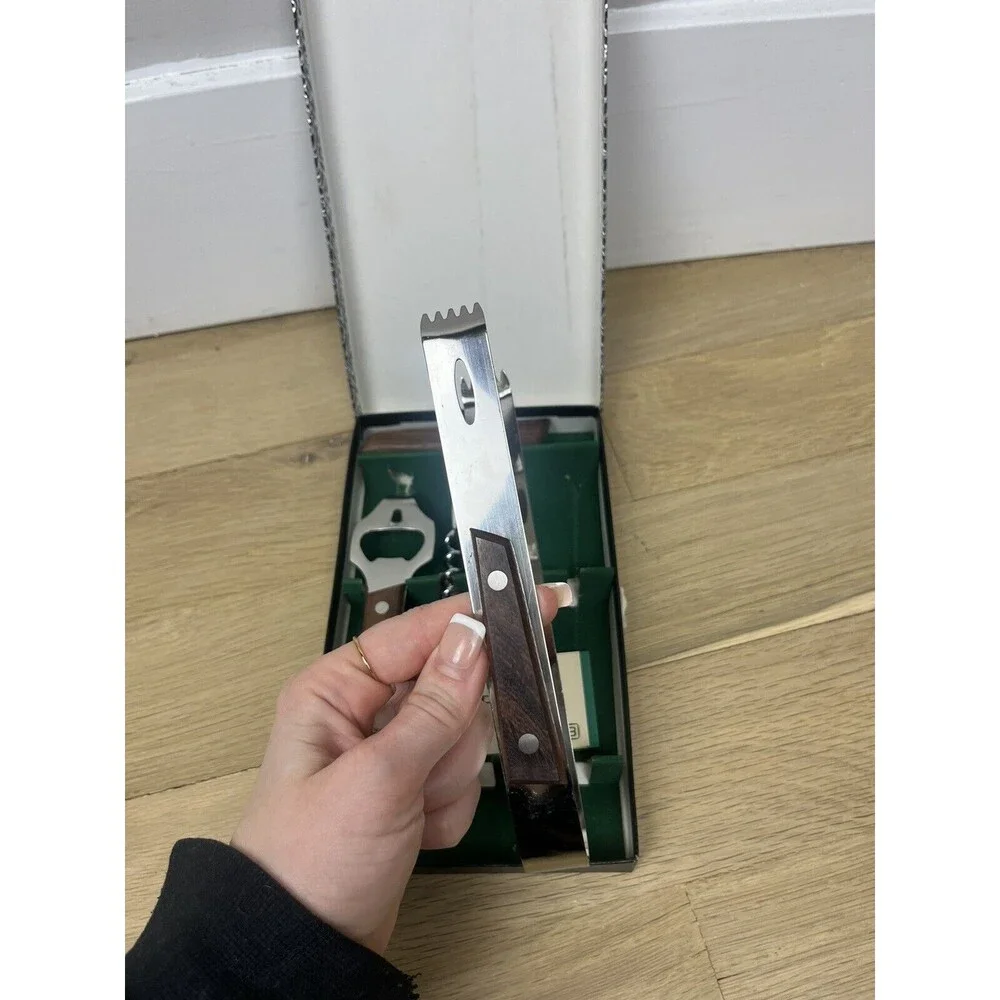 BARLOW NIB Set of 3 Bar Tools in Box Mid Century Wood Handle Stainless Steel